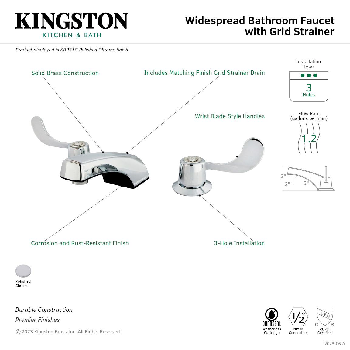 Kingston Vista KB931G Two-Handle 3-Hole Deck Mount Widespread Bathroom Faucet with Grid Strainer, Polished Chrome — thumbnail 2